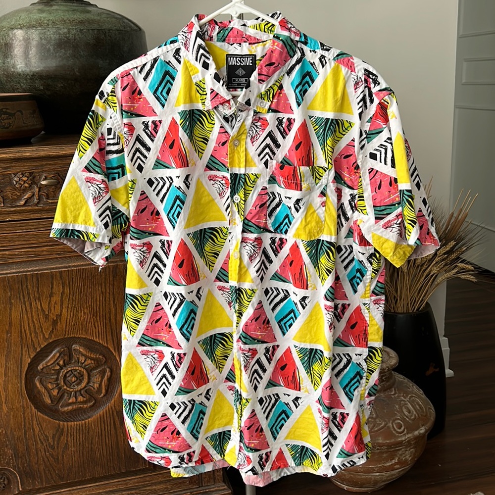 Massive Apparel Colorful Patchwork Short Sleeve Button Down Shirt
